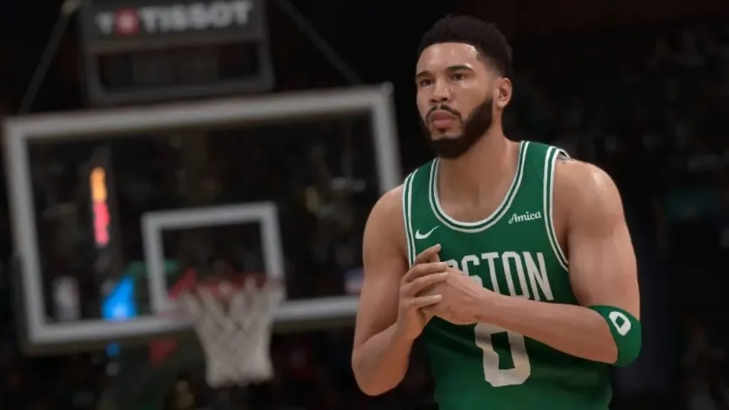 Jayson Tatum in a Boston Celtics jersey on an NBA 2K26 court close-up.