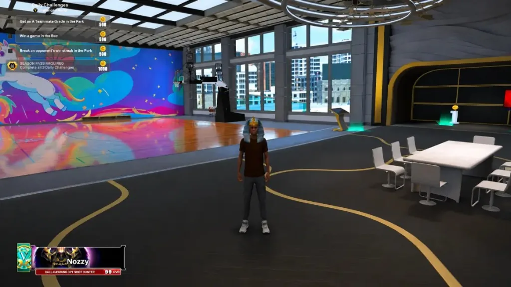 NBA 2K26 MyCourt interior with a player build and court mural.