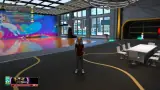 NBA 2K26 MyCourt interior with a player build and court mural.